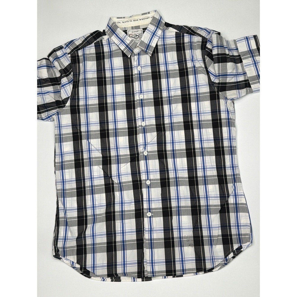 Gant‎ Rugger Mens Large Short Sleeve Plaid Button Down Shirt Blue Black White L